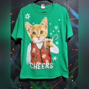 Christmas Cat "Cheers" T-Shirt SZ‎ L #130